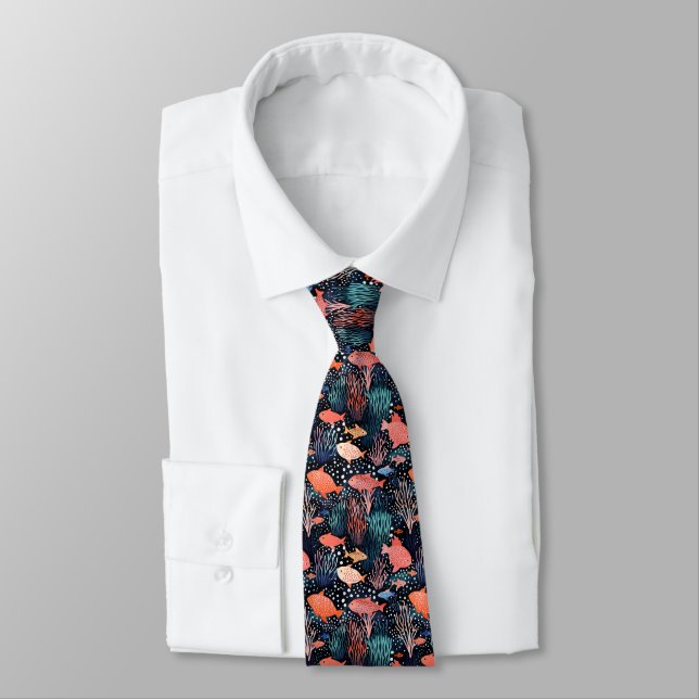 Pink Fish Coral Ocean Sea Pattern  Tie (Tied)