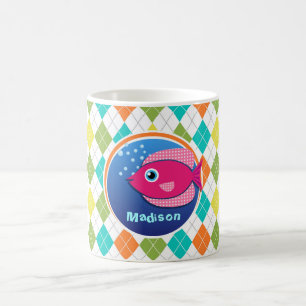 Pink Fish on Colourful Argyle Pattern Coffee Mug