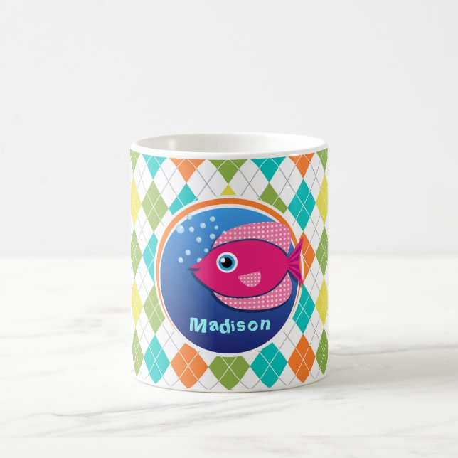 Pink Fish on Colourful Argyle Pattern Coffee Mug (Center)