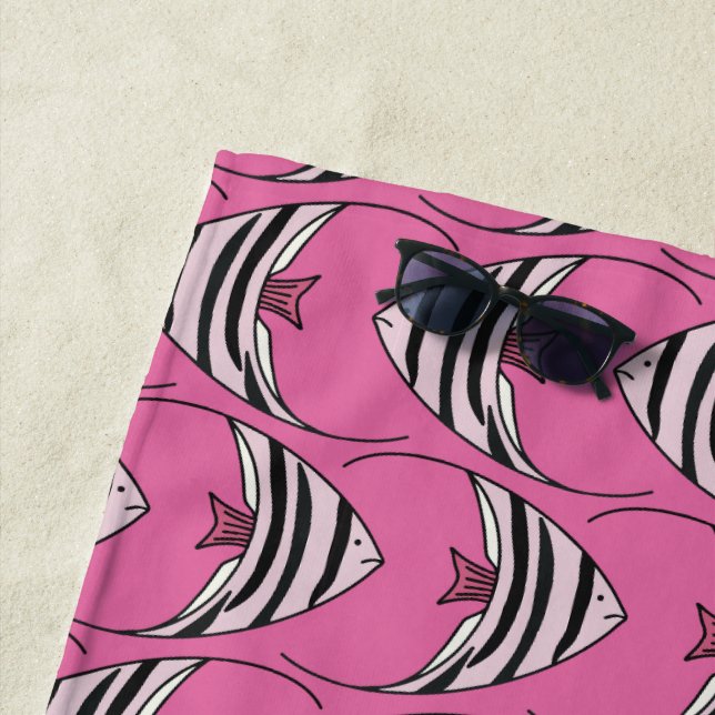 Pink fish pattern beach towel (In Situ)