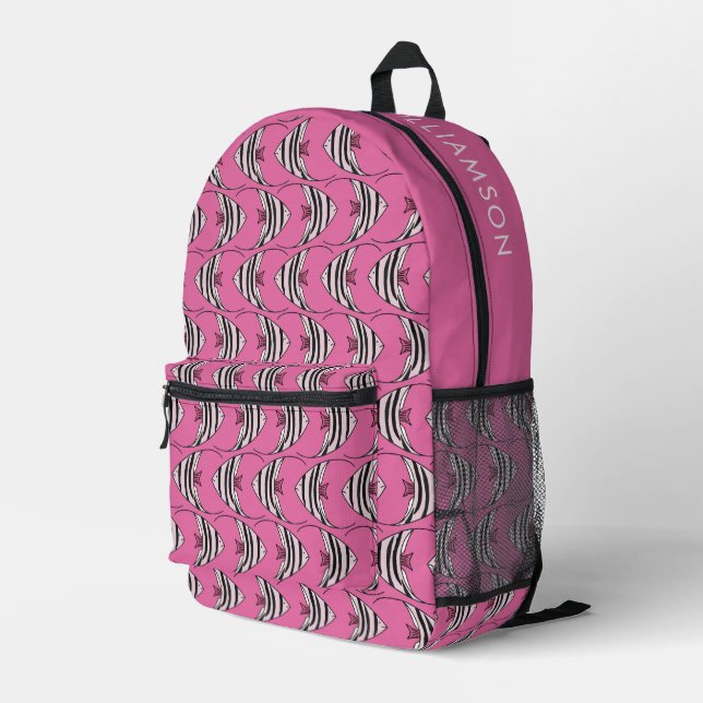 Pink fish pattern printed backpack (Back Corner Right)