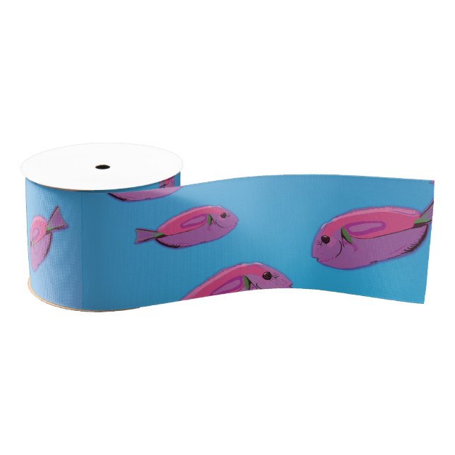 Pink fishes Ribbon, Tropical fish Grosgrain Ribbon (Spool)
