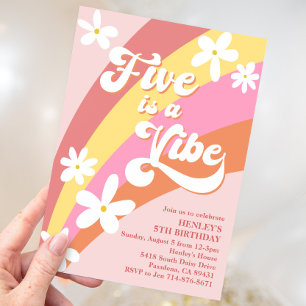 Pink Five Is a Vibe Retro Daisies Rainbow Birthday Invitation