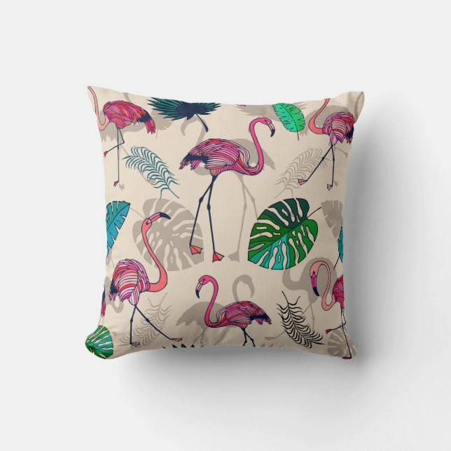 Pink flamigos and tropical leaves seamless pattern cushion (Front)