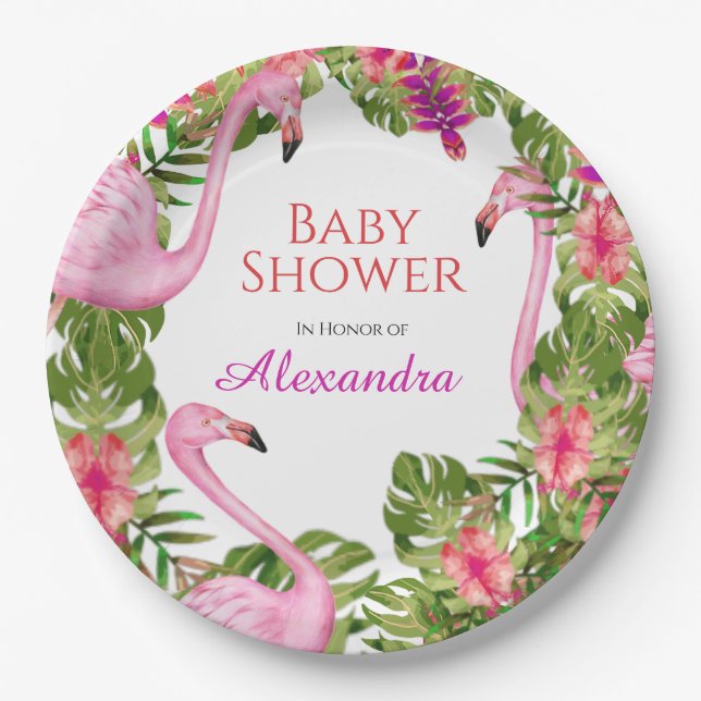  Pink Flaming Tropical Wildlife Girl Baby Shower  Paper Plate (Front)