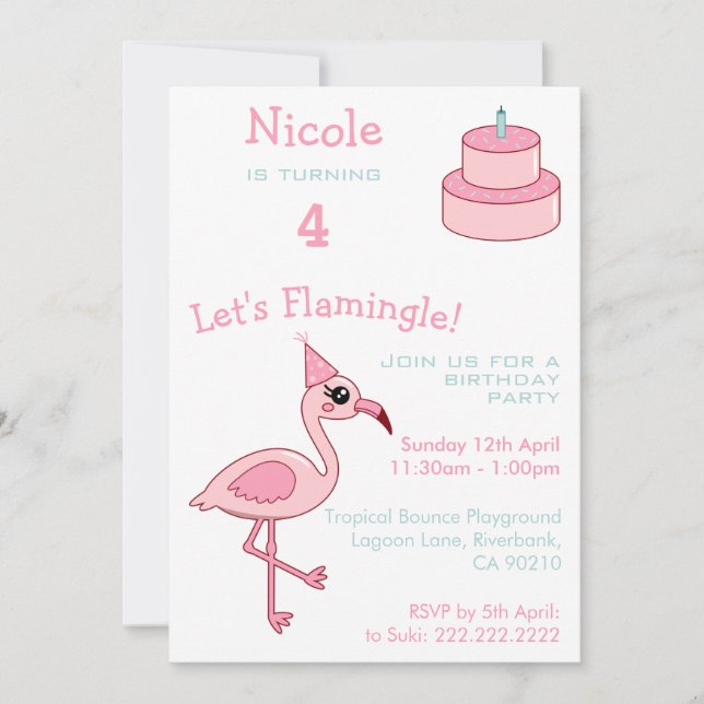 Pink Flamingo 4th Birthday Party Invitation (Front)