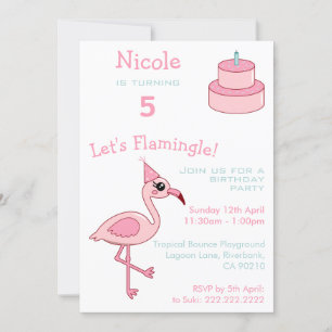 Pink Flamingo 5th Birthday Party Invitation