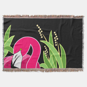 Pink Flamingo Abstract On Black Throw Blanket