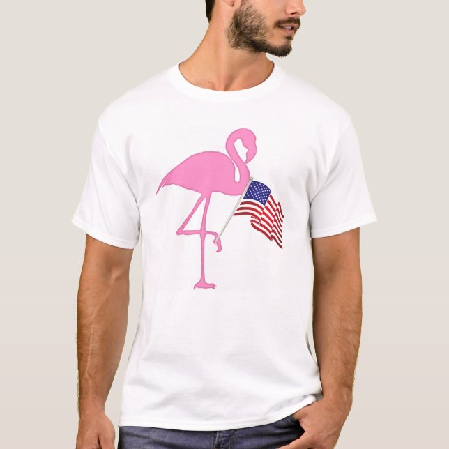 Pink Flamingo American Flag T-Shirt (Front)