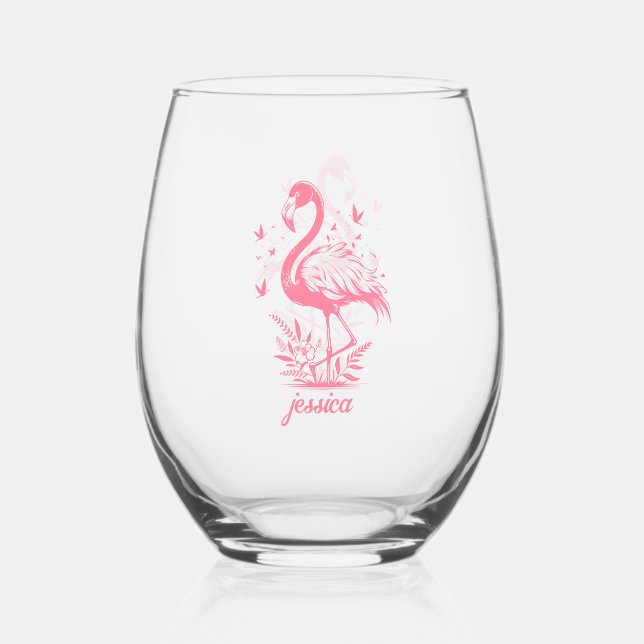 Pink flamingo and butterflies stemless wine glass (Front)