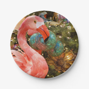 Pink Flamingo and Christmas Tree Party Paper Plate
