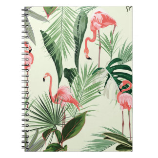 Pink flamingo and exotic flowers, palm leaves. Flo Notebook