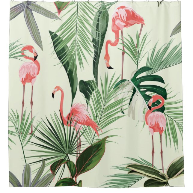 Pink flamingo and exotic flowers, palm leaves. Flo Shower Curtain (Front)