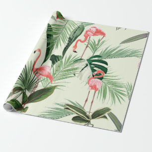 Pink flamingo and exotic flowers, palm leaves. Flo Wrapping Paper