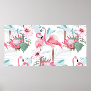 Pink flamingo and exotic flowers, palm leaves, whi poster