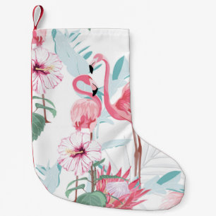 Pink flamingo and exotic flowers, palm leaves, whi small christmas stocking