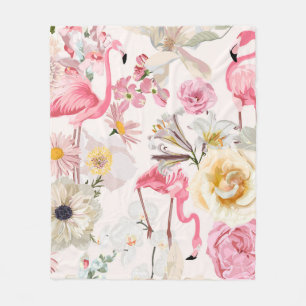 Pink flamingo and exotic pink white flowers. fleece blanket