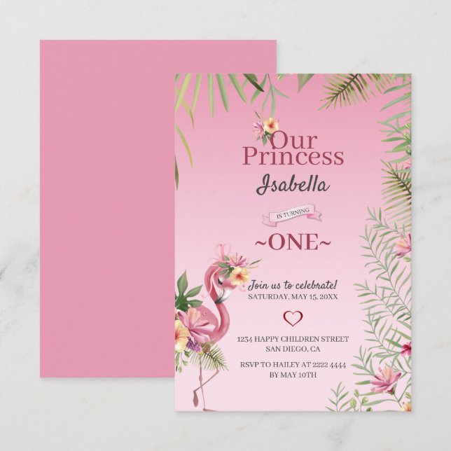 Pink Flamingo And Flowers Birthday Invitation (Front/Back)