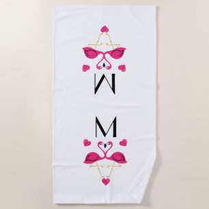 Pink Flamingo and Hearts Pattern  Beach Towel