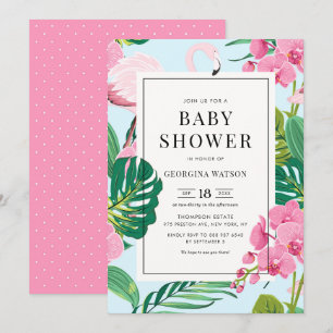 Pink Flamingo and Orchids Tropical Baby Shower Invitation