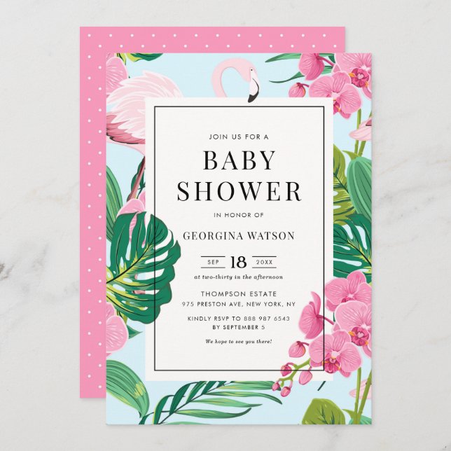 Pink Flamingo and Orchids Tropical Baby Shower Invitation (Front/Back)