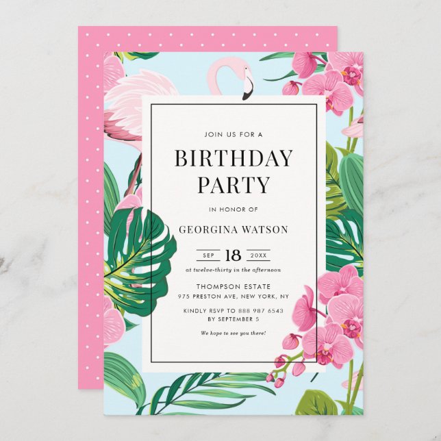 Pink Flamingo and Orchids Tropical Birthday Party Invitation (Front/Back)