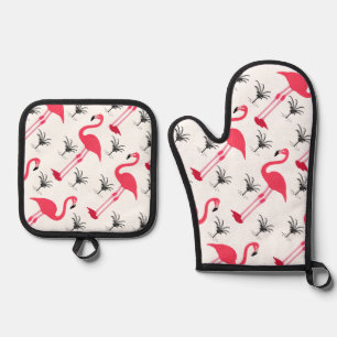 Pink Flamingo and Palm Tree Oven Mitt & Pot Holder Set