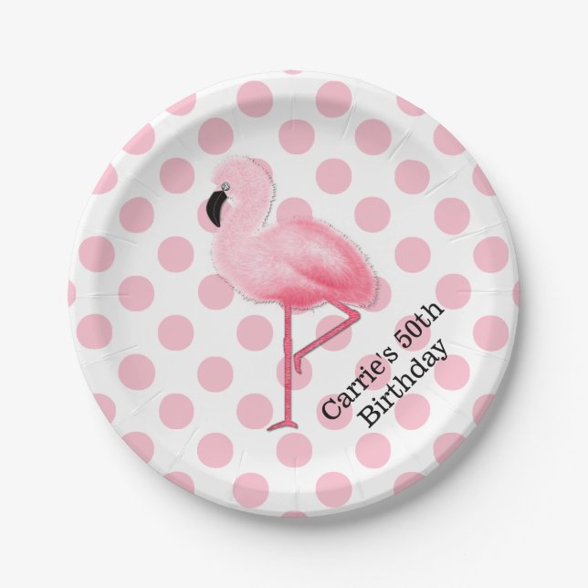 Pink Flamingo and Polka Dots Custom Paper Plates (Front)