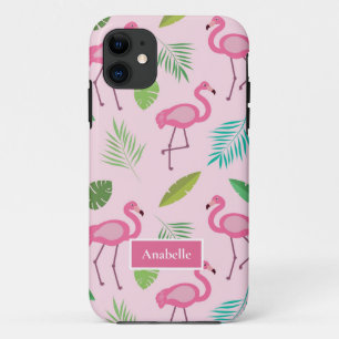 Pink flamingo and tropical leaves Custom Name Case-Mate iPhone Case