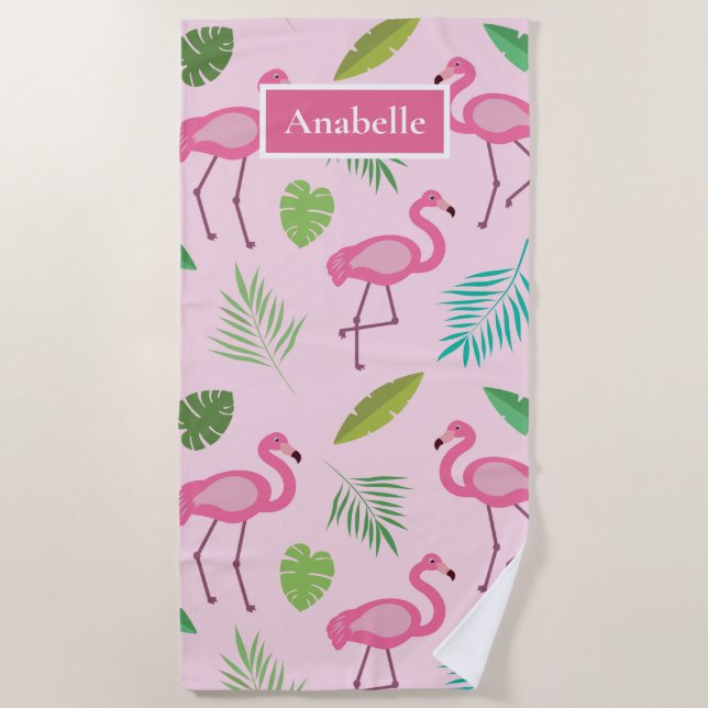 Pink flamingo and tropical leaves personalised  beach towel (Front)