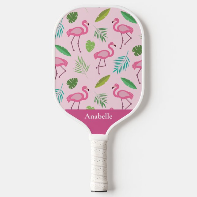 Pink flamingo and tropical leaves personalised   pickleball paddle (Front)