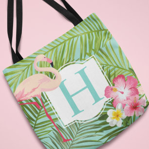 Pink Flamingo Aqua Tropical Monogram Floral Tote Bag