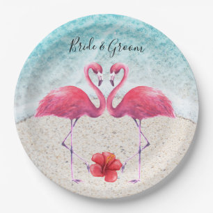 Pink Flamingo at the beach Wedding Paper Plates