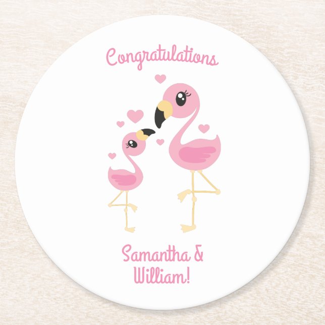 Pink Flamingo Baby Shower Round Paper Coaster (Front)