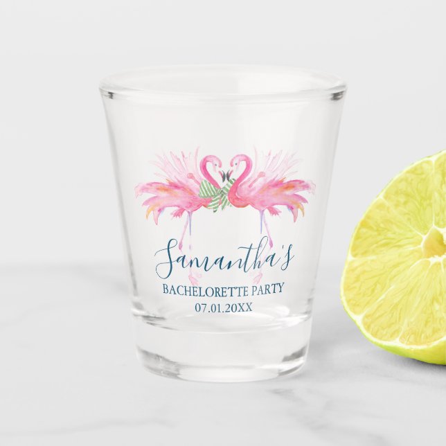 Pink Flamingo Bachelorette Party Gift Idea Shot Glass (Front)