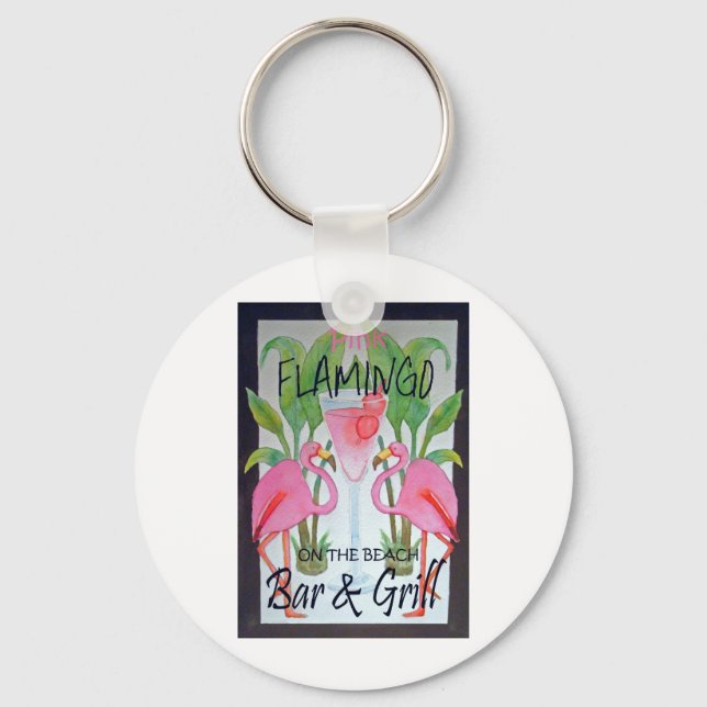 Pink Flamingo Bar & Grill Beach Drink Theme Key Ring (Front)