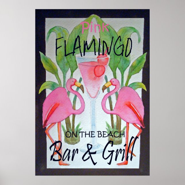 Pink Flamingo Bar & Grill Beach Poster Watercolor (Front)
