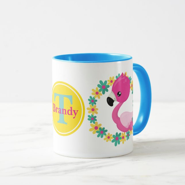Pink Flamingo beach fun add name initial mug (Front Right)