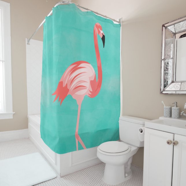 Pink Flamingo Bird on Turquoise Background Shower Curtain (In Situ)
