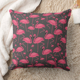 Pink Flamingo Bird Watercolor on Dark Grey Design Cushion