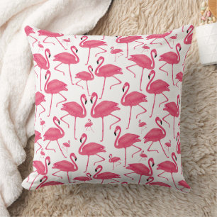 Pink Flamingo Bird Watercolor on White Design Cushion