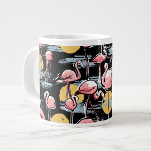 Pink Flamingo birds and sunset   Tropical Tango  Large Coffee Mug