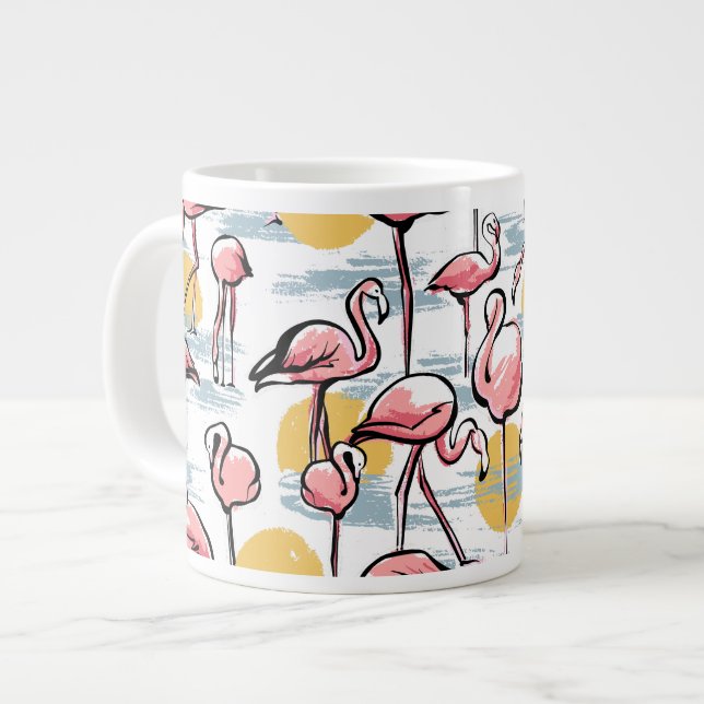 Pink Flamingo birds and sunset | Tropical Tango  Large Coffee Mug (Front Left)