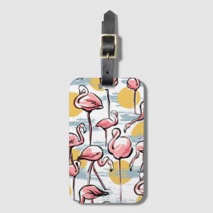 Pink Flamingo birds and sunset   Tropical Tango  Luggage Tag