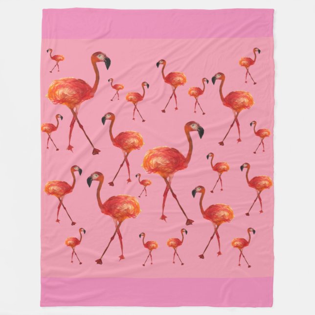 Pink Flamingo Birds Fleece Blanket (Front)