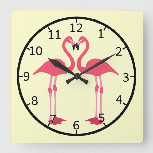 Pink flamingo-birds-love-heart square wall clock (Front)