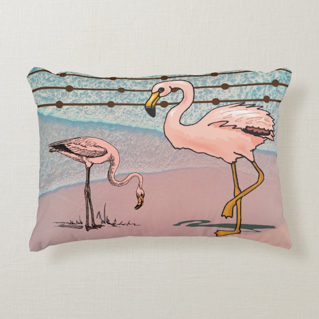 Pink Flamingo Birds on Beach Accent Pillow (Front)