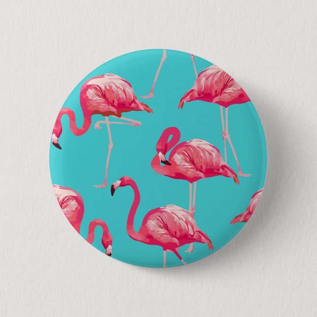 Pink flamingo birds on turquoise background 6 cm round badge (Front)