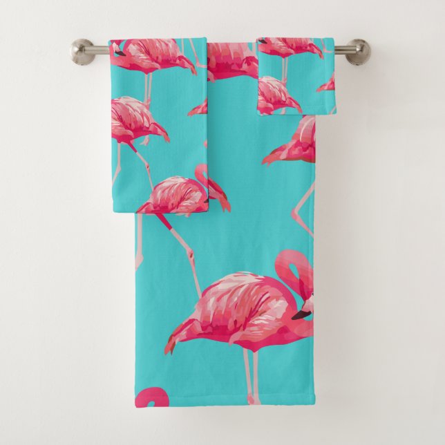 Pink flamingo birds on turquoise background bath towel set (Insitu)