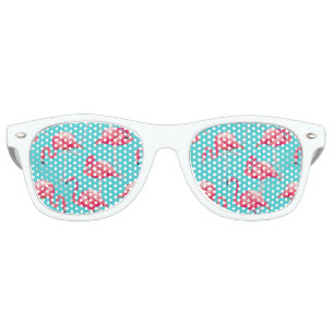 Pink flamingo birds on turquoise background retro sunglasses